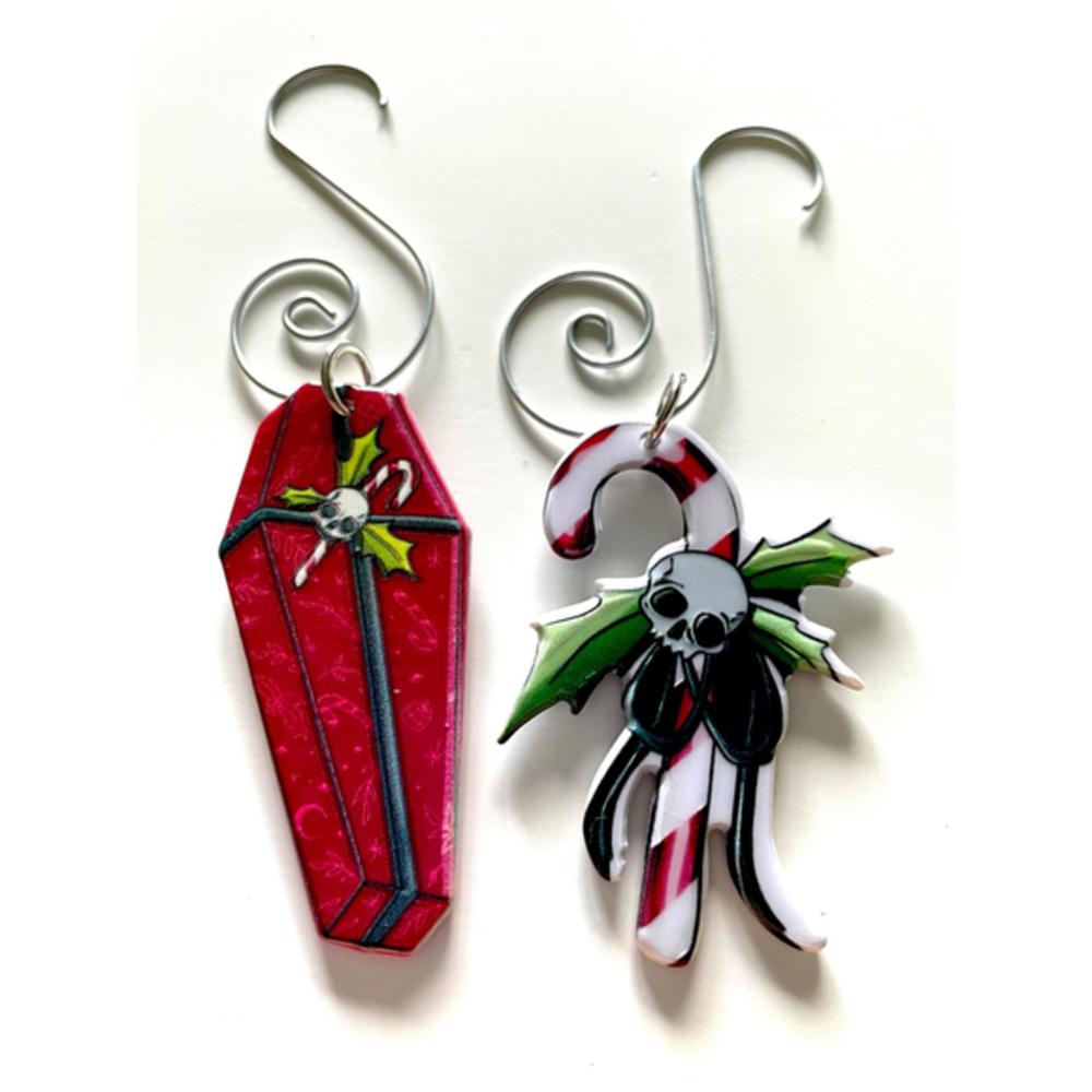 Set of two Red Coffin and Skull Candy Cane Christmas Tree Ornament, NWT